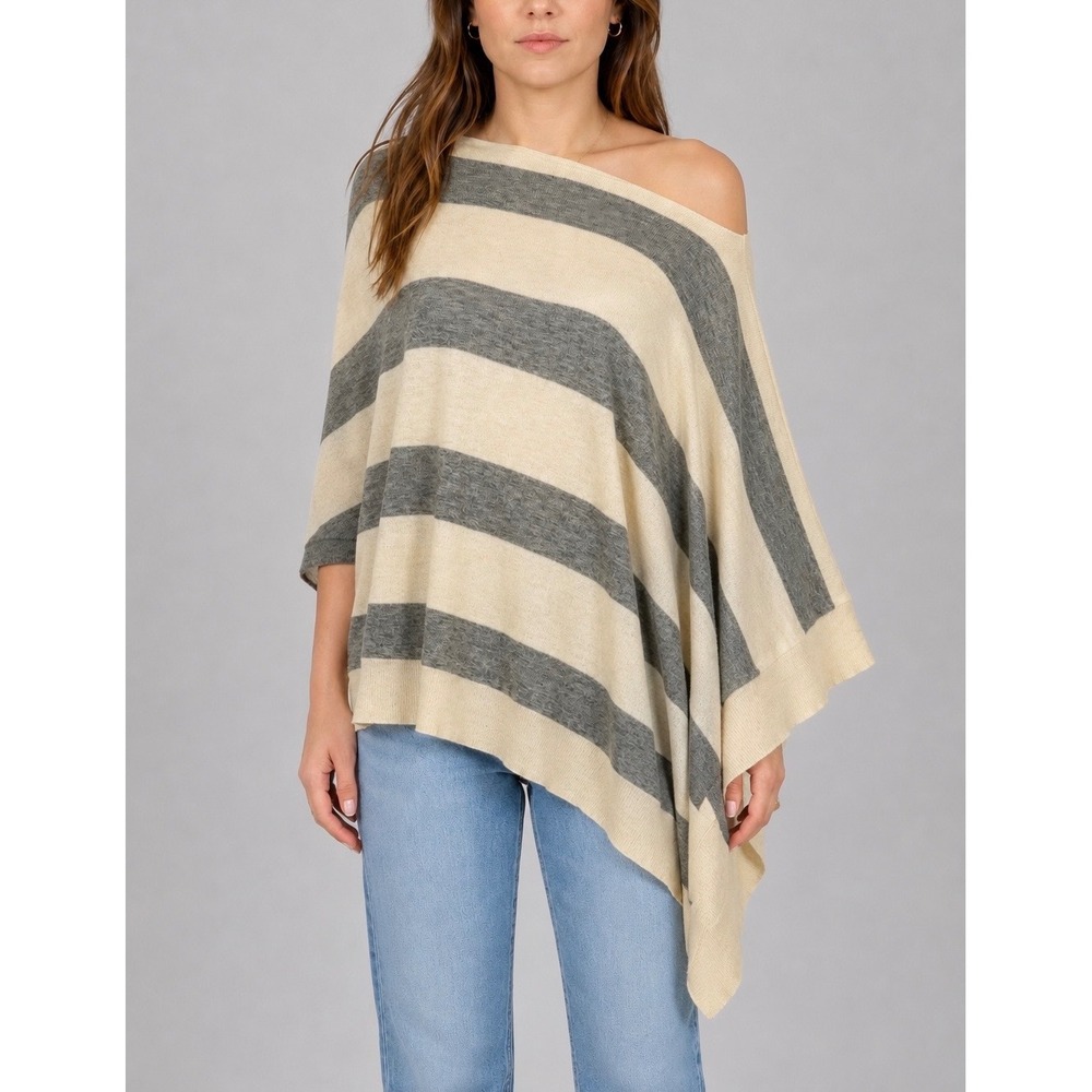 Kerisma Poncho Sweater Women OS Cream Striped Asymmetrical Knit Top Quiet Luxury - Picture 1 of 8